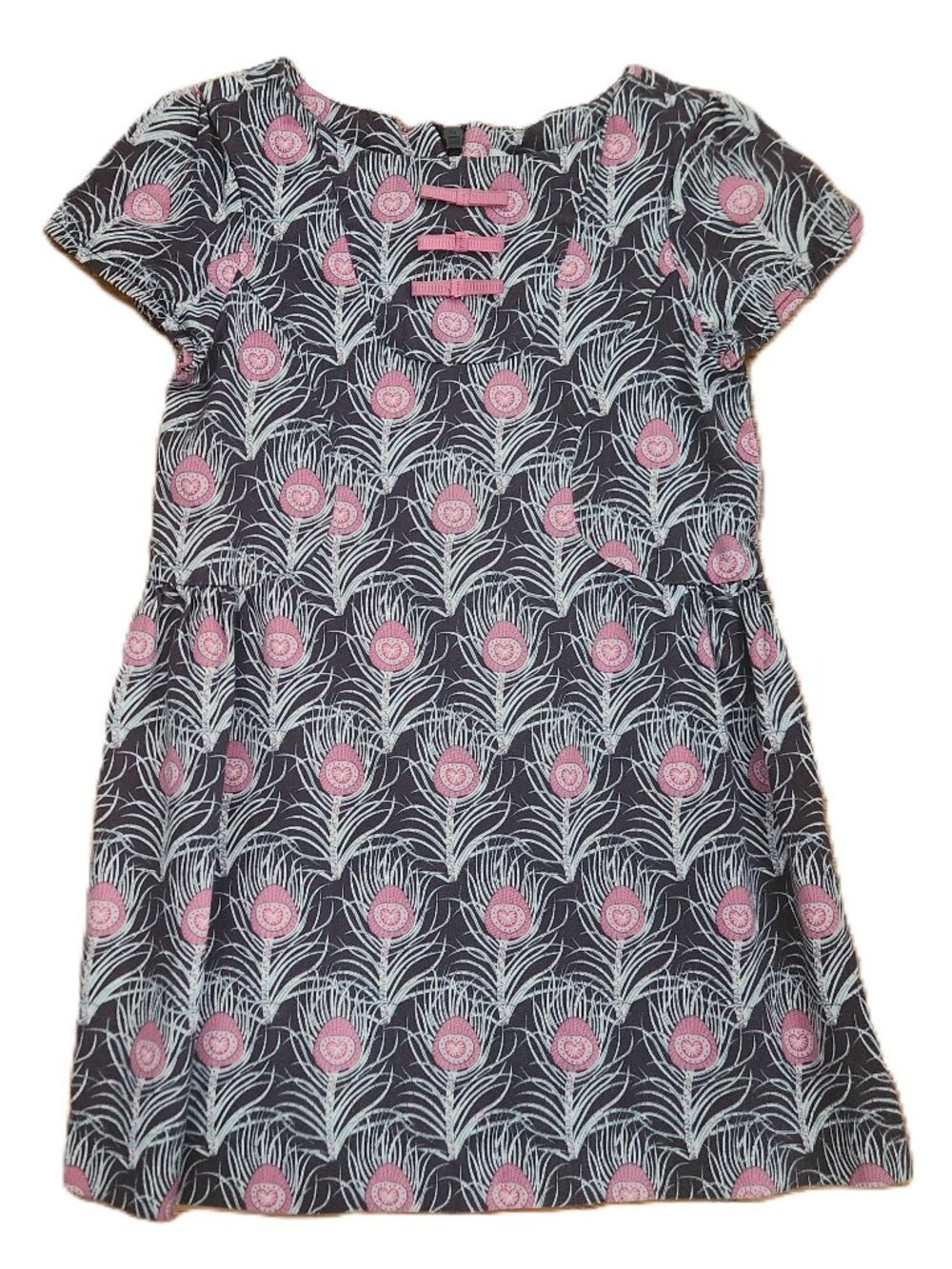 Elephantito Short Sleeve Fitted Dress Brown White & Pink Feather Motif Size 3 Yr
